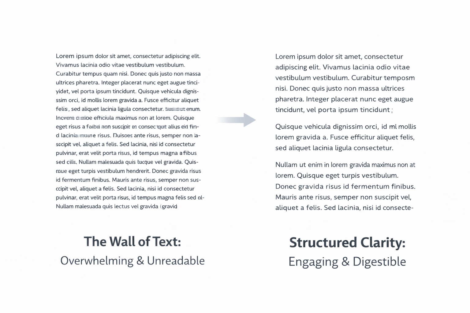 Two-part comparison: dense wall of text on left labeled Overwhelming & Unreadable, transformed into structured clear paragraphs on right labeled Engaging & Digestible